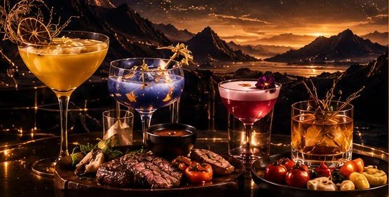 Cócteles de autor y platos para compartir sobre la mesa de BarX9